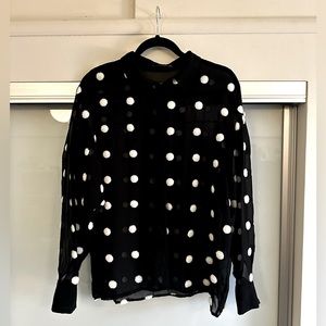 Zara Basic Blouse Black with White fuzzy Polka Dots size L